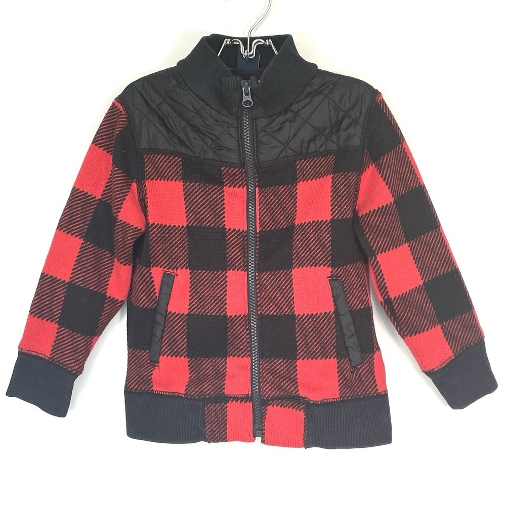 Baby Gap Toddler 4Y Red Black Buffalo Plaid Full Zip Sweater Jacket Quilted